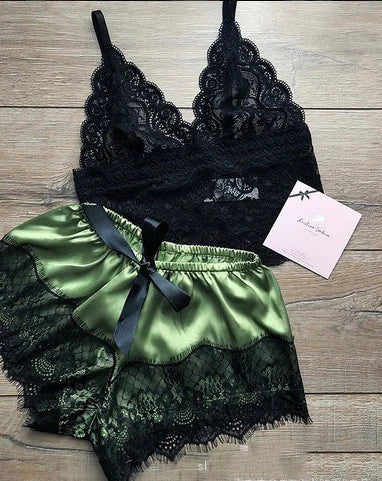 Women Fashion Elegant Pajama Sets Women Lace Silk Sleepwear Sexy Lingerie Crop Tops and Shorts Babydoll Loungewear Pijamas