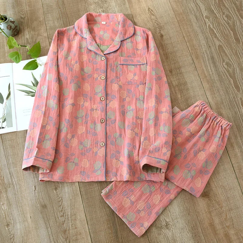 2024 New Women's Spring and Autumn Pajama Set 100% Pure Cotton Retro Chinese Style Long Sleeve Two Piece Set Large Home Fury