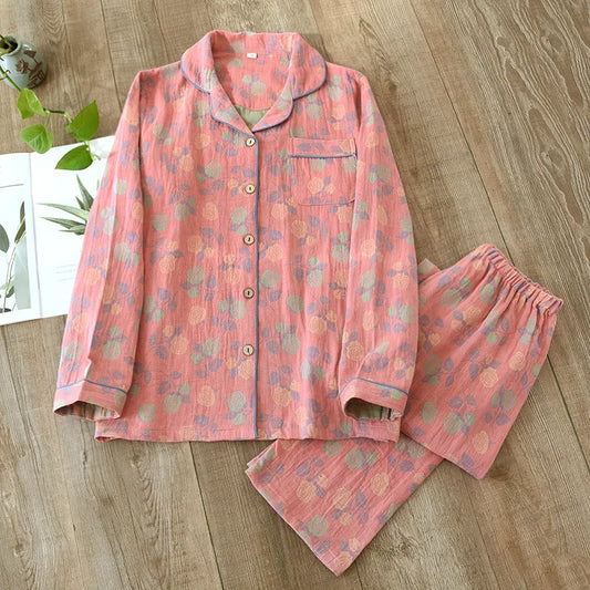 2024 New Women's Spring and Autumn Pajama Set 100% Pure Cotton Retro Chinese Style Long Sleeve Two Piece Set Large Home Fury