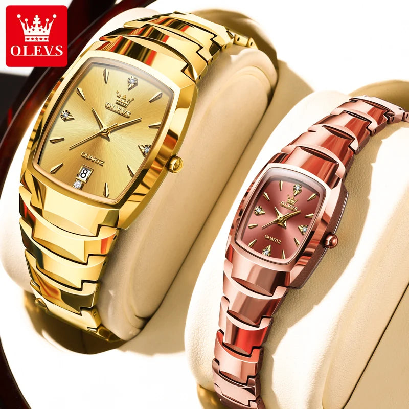 OLEVS 7006 Couple Watch for Men and Women Tungsten Steel Strap Waterproof Date Clock He and Her Watch Sets for Gifts Lover Watch