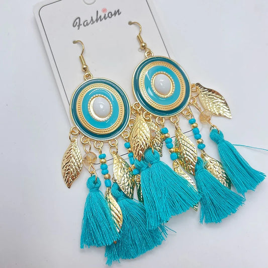 Fashion Boho Oval Drop Glaze Tassel Earrings for Women Ethnic Temperament Metal Leaf Bead Dangle Earring Vacation Party Jewelry