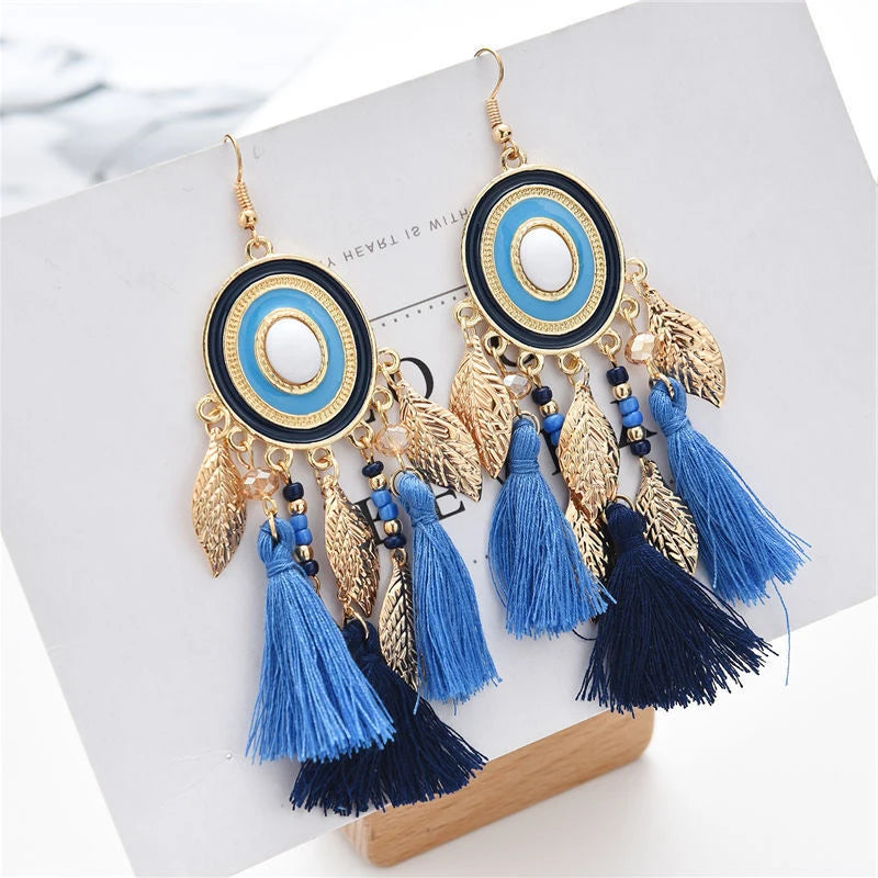 Fashion Boho Oval Drop Glaze Tassel Earrings for Women Ethnic Temperament Metal Leaf Bead Dangle Earring Vacation Party Jewelry