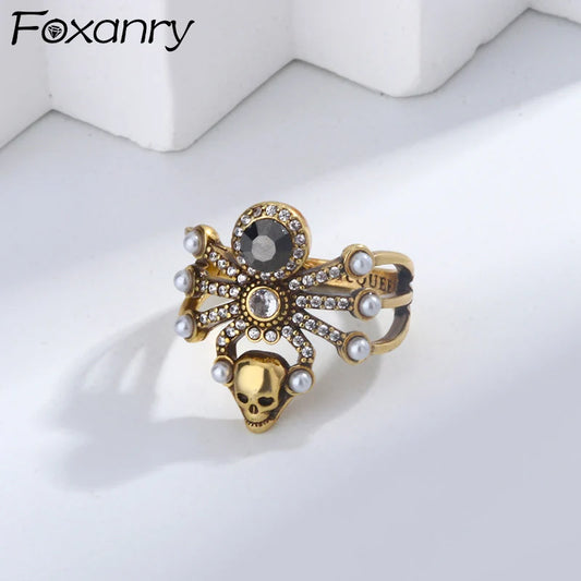 Foxanry Gold Color Pearl Zircon Skeleton Rings For Women Couples Personality Vintage Heavy Industry Creative Party Jewelry Gifts