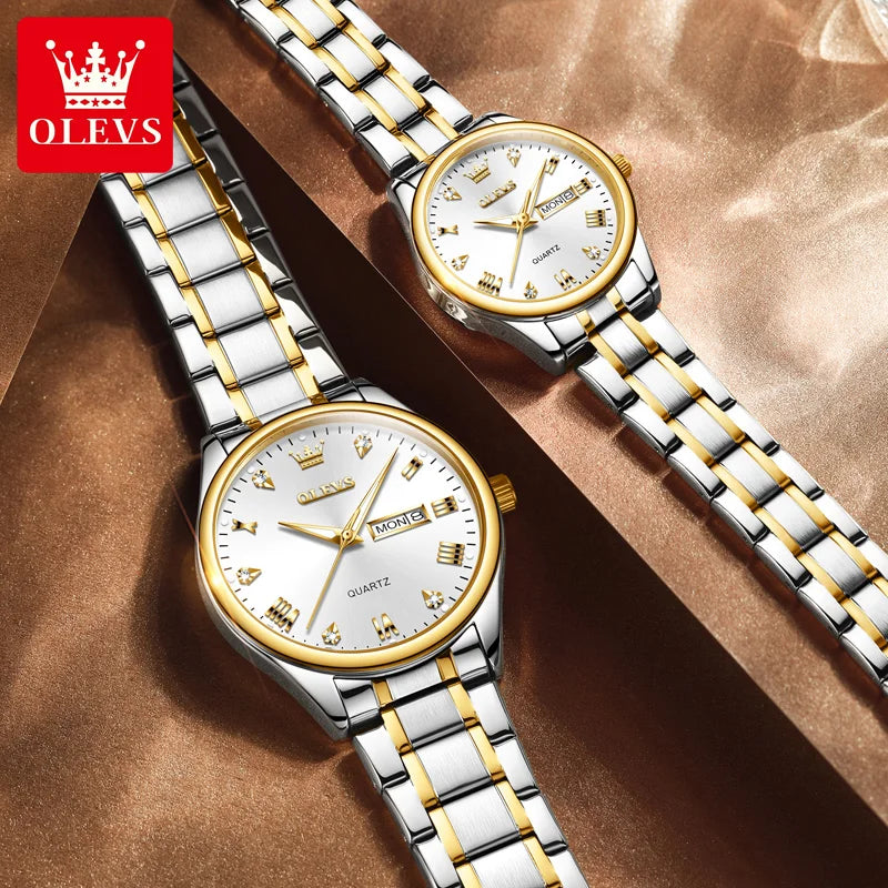 OLEVS 5563 Diamond Luxury Quartz Couple Watches Stainless Steel Waterproof Watch For Men Women Dual Calendar Fashion Hand Clock
