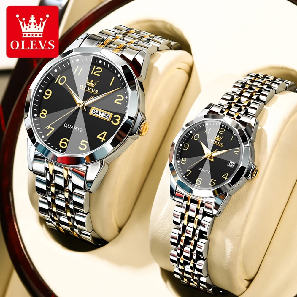 OLEVS 9970 New Luxury Quartz Couple Watch For Men Women Number Dial Rhombus Mirror Hand Clock Stainless Steel Original Watches