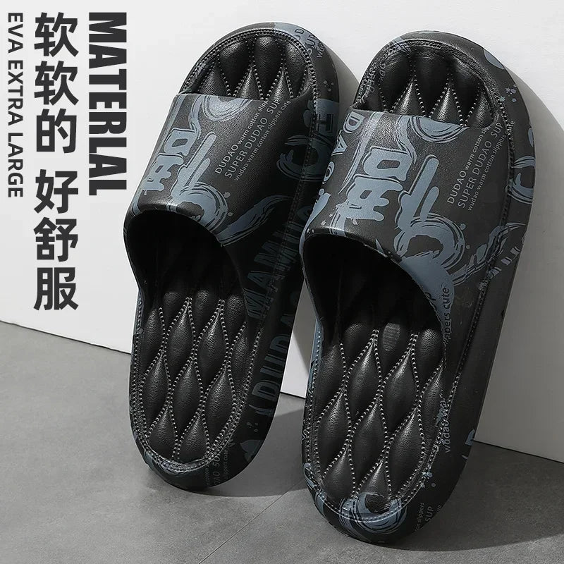 QYCKABY 2024 Mens Summer Slippers Beach Sandals Flip Flop Printing Thick Soled Boys Girls Unisex Home Bath Shoe Large Size 46-47