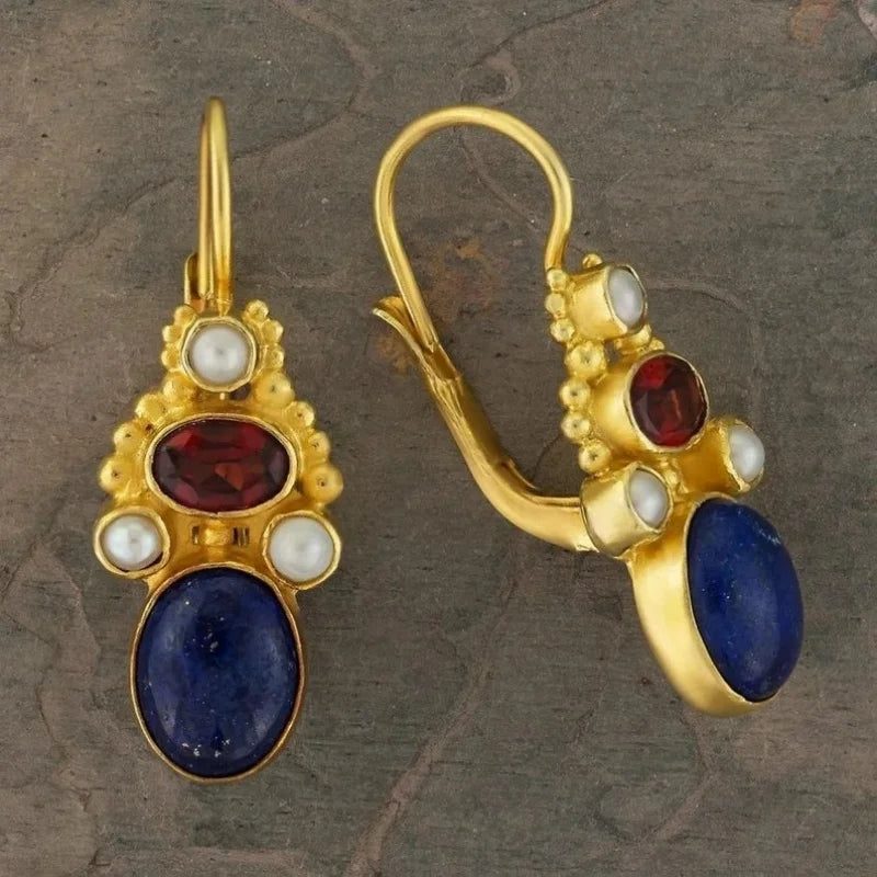 Fashion Gold Color Temperament Female Earrings Oval Lapis Lazuli Inlaid Pearl Leverback Drop Earrings Party Jewelry