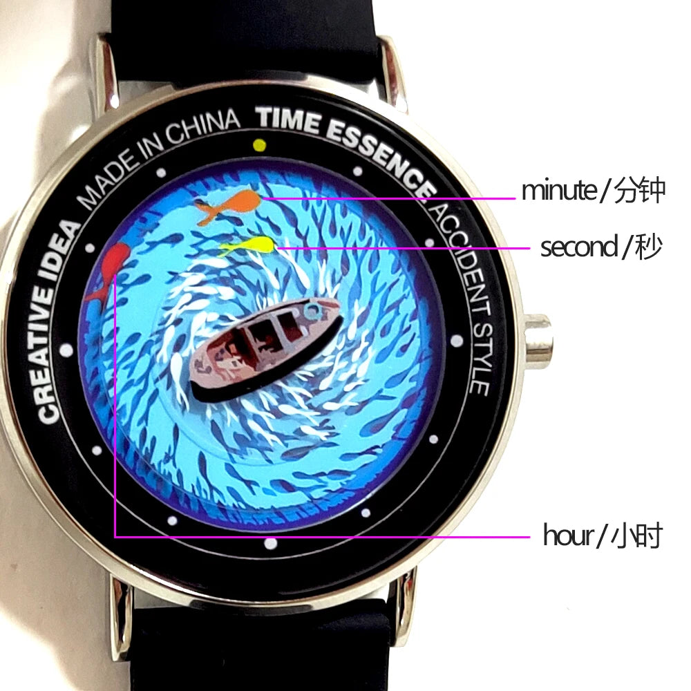 Creative Watches Quartz Original Watch with Ship Wave & Fishes Design Waterproof Wristwatch Comfortable Silicone Strap
