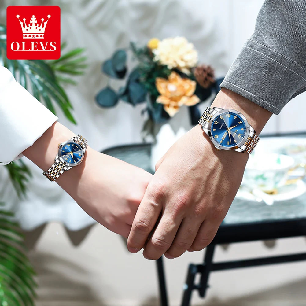 OLEVS 9931 Quartz for Couple Solid Stainless Steel Strap Rhombus Design Fashion Business Wristwatch Men's Watches Waterproof Set