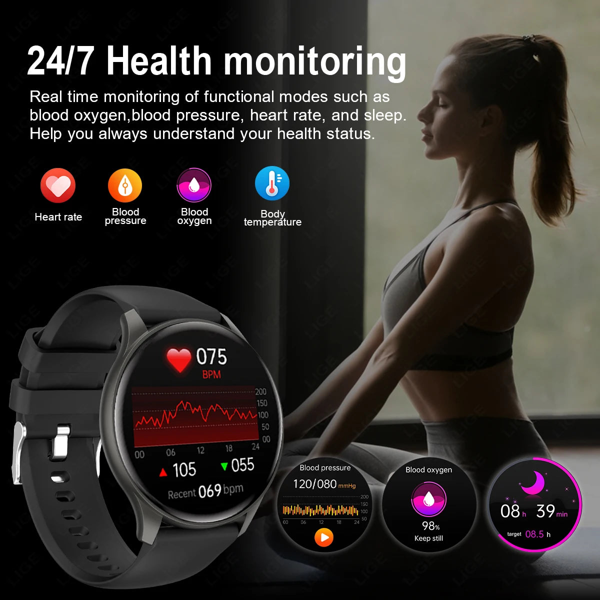 LIGE Smart Watches Women Men Bluetooth Connected Phone Music Fitness Sports Bracelet Sleep Monitoring Smartwatch For Android IOS