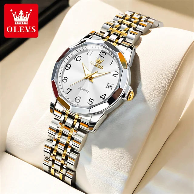 OLEVS 9970 Couple Watch Classic Digital Dial Stainless Steel Rhombus Mirror Luxury Top Quartz Watches for Men Women Lover's Gift