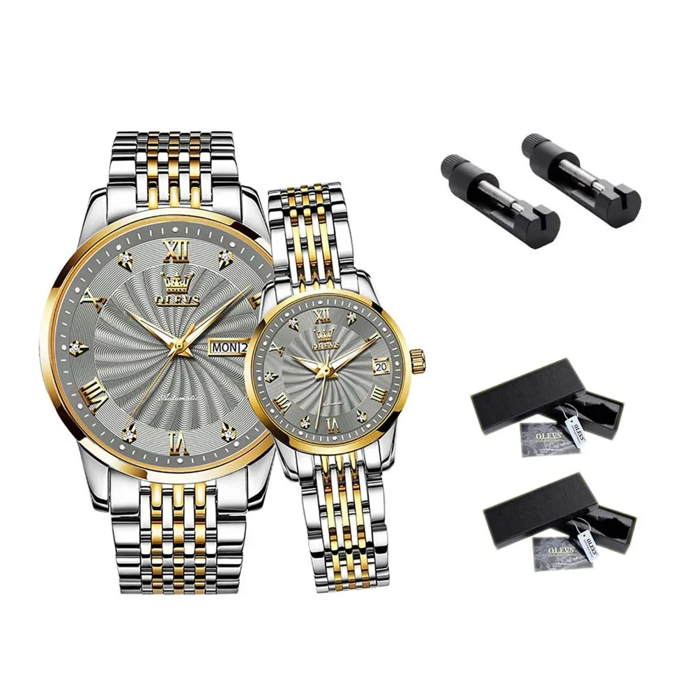 OLEVS Couple Watches Automatic Mechanical Luxury Stainless Steel Waterproof Cyclone Dial Lovers Watch Gift Set Relogio Masculino