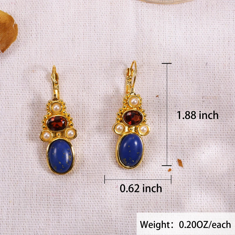 Fashion Gold Color Temperament Female Earrings Oval Lapis Lazuli Inlaid Pearl Leverback Drop Earrings Party Jewelry