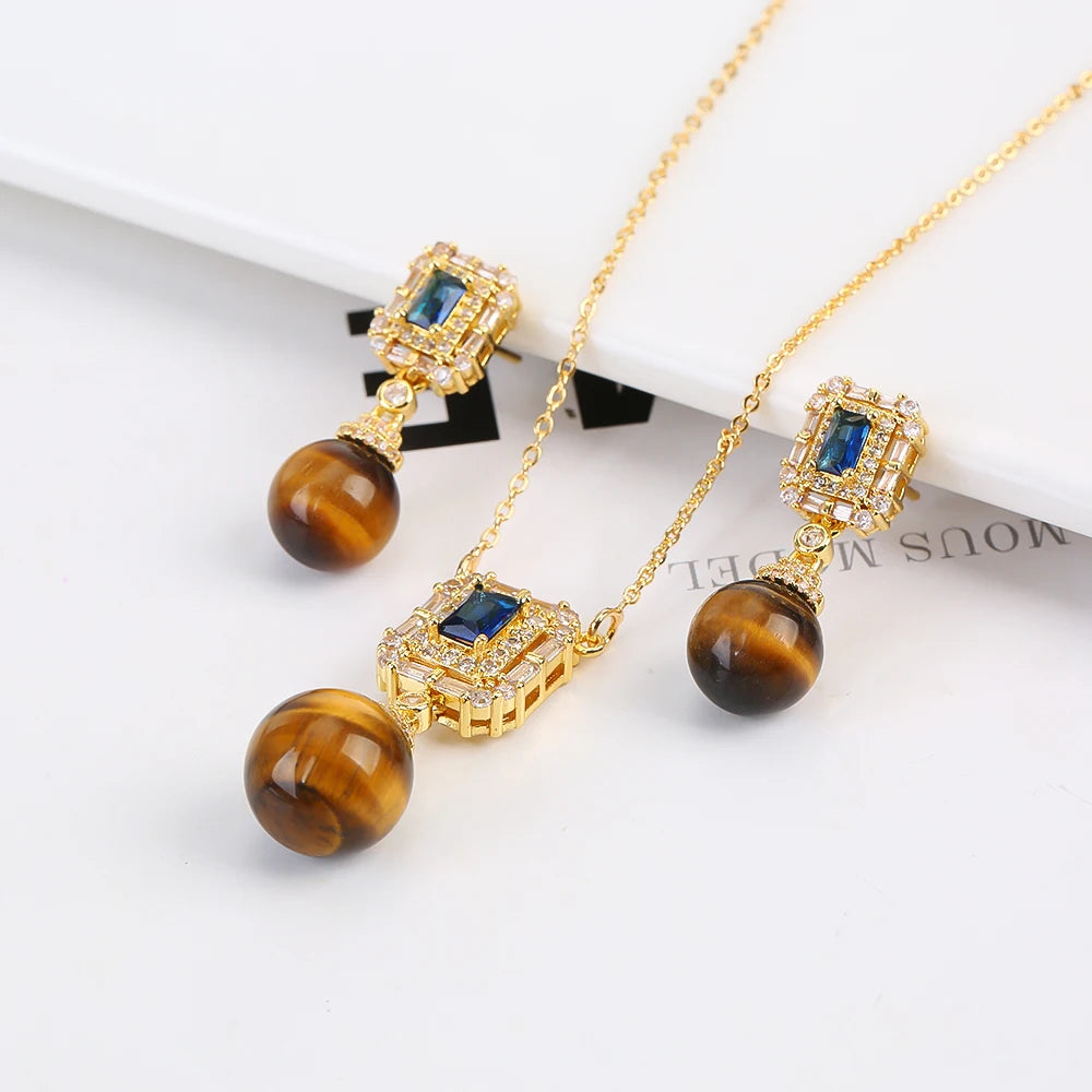 Tiger's Eye Creative Hot Sale Emerald Diamond Inlaid Necklace/Earring Set Women's Stainless Steel Chain High Quality Gift