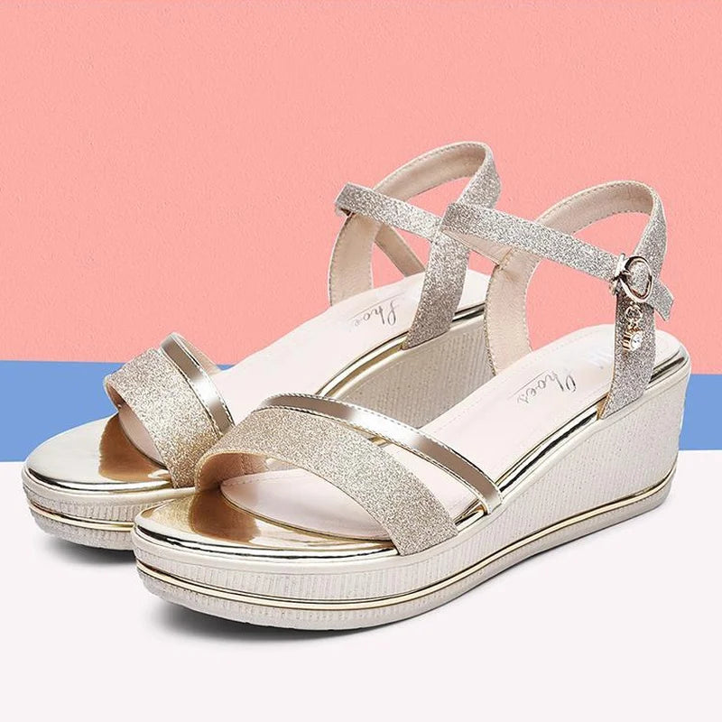 Womens Sandals for 2024 Orthopedic Platform Summer New Fashion Elegant Roman Rhinestone Wedge High-Heeled Sandal Woman Silver