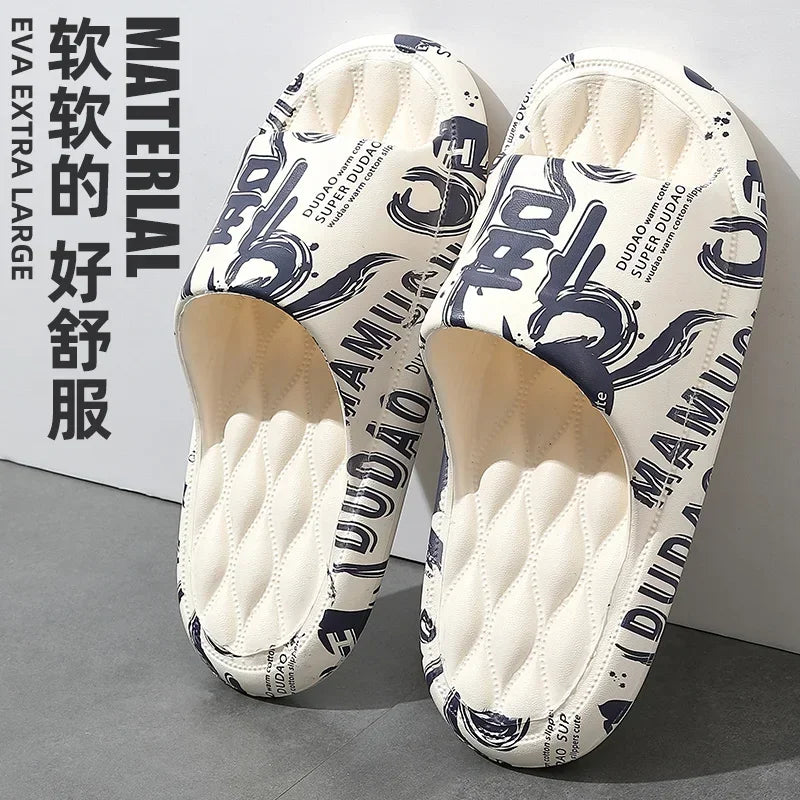 QYCKABY 2024 Mens Summer Slippers Beach Sandals Flip Flop Printing Thick Soled Boys Girls Unisex Home Bath Shoe Large Size 46-47