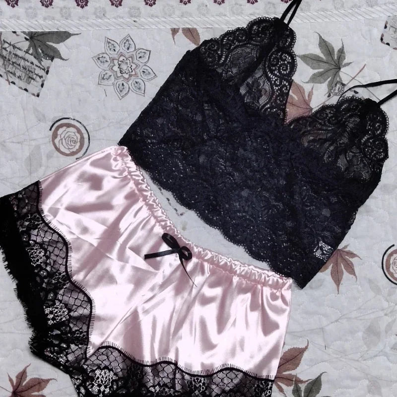 Women Fashion Elegant Pajama Sets Women Lace Silk Sleepwear Sexy Lingerie Crop Tops and Shorts Babydoll Loungewear Pijamas