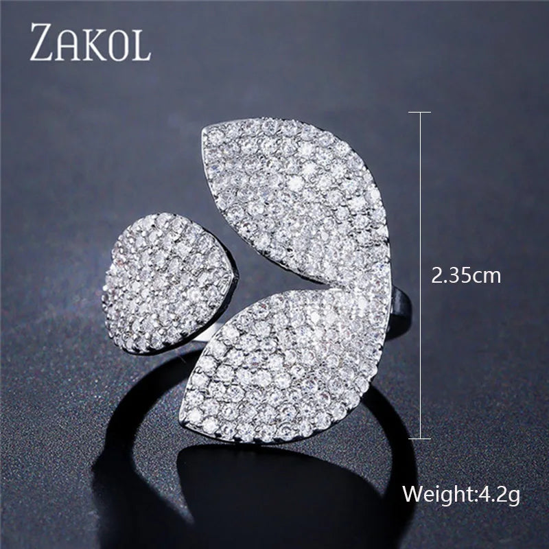 ZAKOL Fashion White Zirconia Leaf Open Rings for Girl Trendy Crystal Wing Finger Adjust Ring Party Women Jewelry