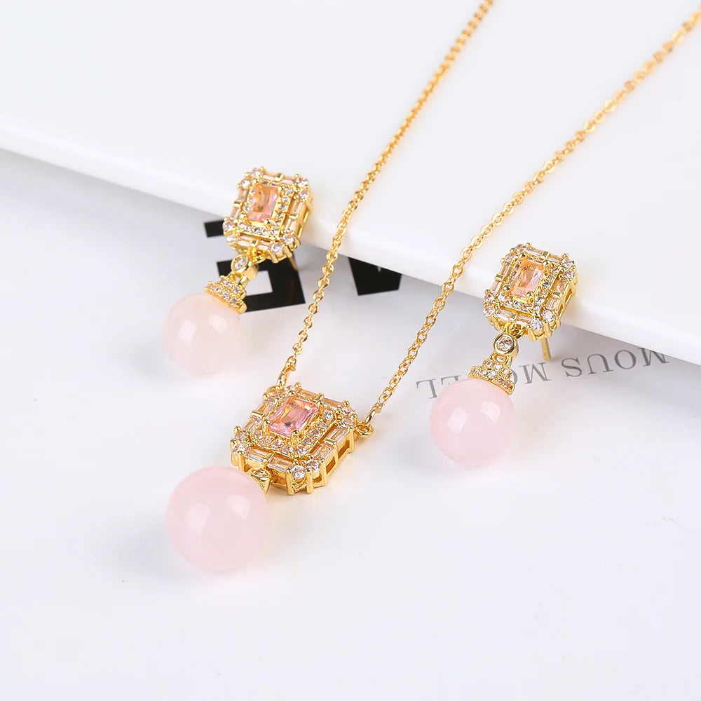 Tiger's Eye Creative Hot Sale Emerald Diamond Inlaid Necklace/Earring Set Women's Stainless Steel Chain High Quality Gift