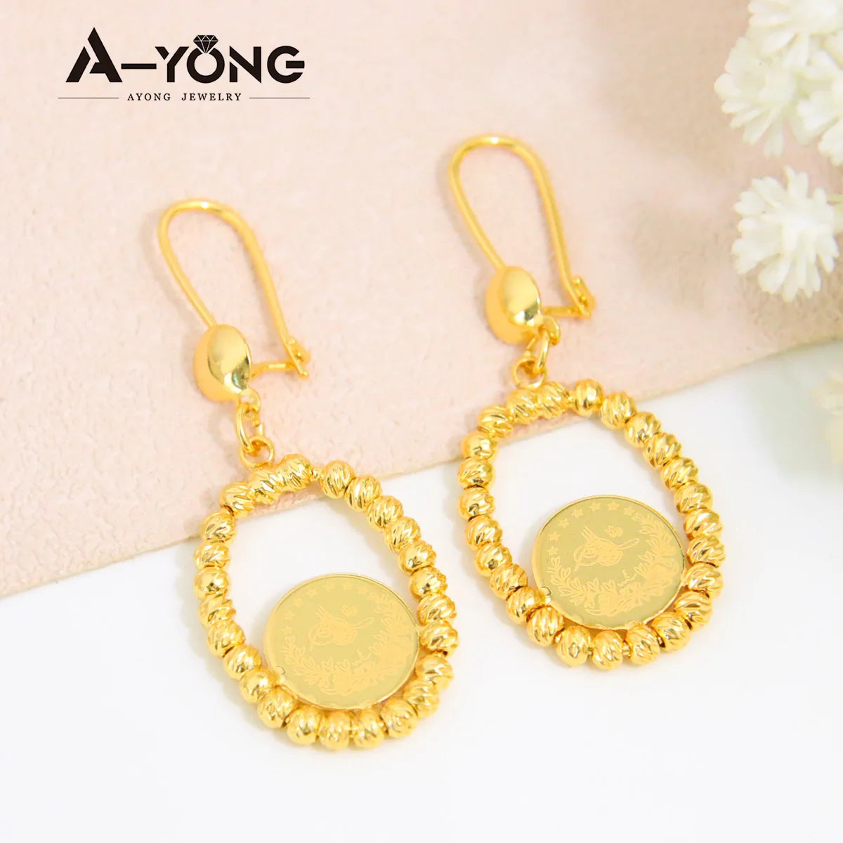 Arab Gold Color Drop Earrings 18K Copper Gold Plated Bead Turkish Fashion Dangle Earring Women Luxury Wedding Party Jewelry Gift