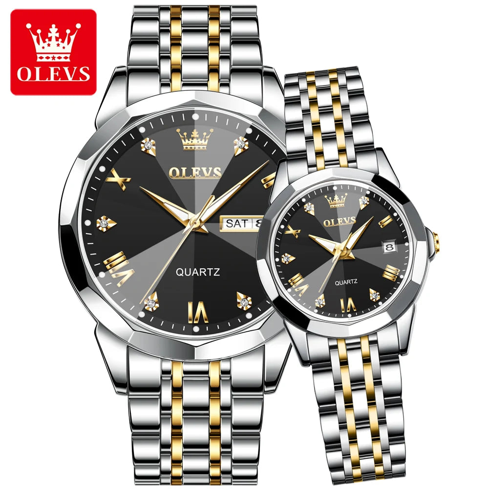 OLEVS 9931 Quartz for Couple Solid Stainless Steel Strap Rhombus Design Fashion Business Wristwatch Men's Watches Waterproof Set
