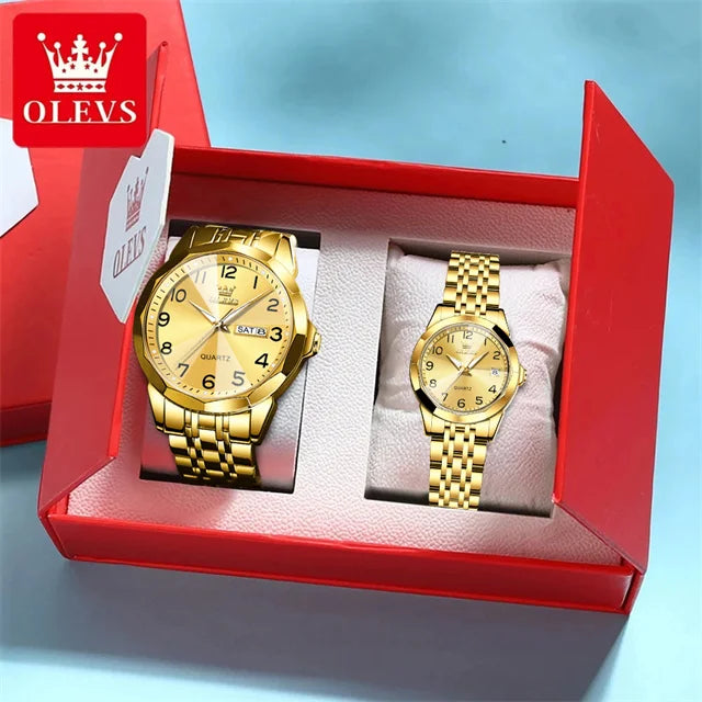 OLEVS 9970 Couple Watch Classic Digital Dial Stainless Steel Rhombus Mirror Luxury Top Quartz Watches for Men Women Lover's Gift