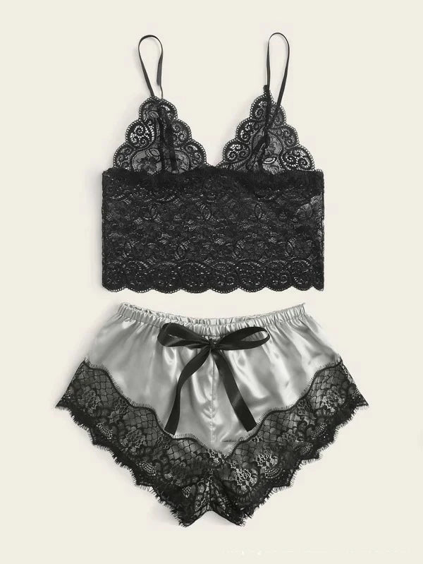Women Fashion Elegant Pajama Sets Women Lace Silk Sleepwear Sexy Lingerie Crop Tops and Shorts Babydoll Loungewear Pijamas