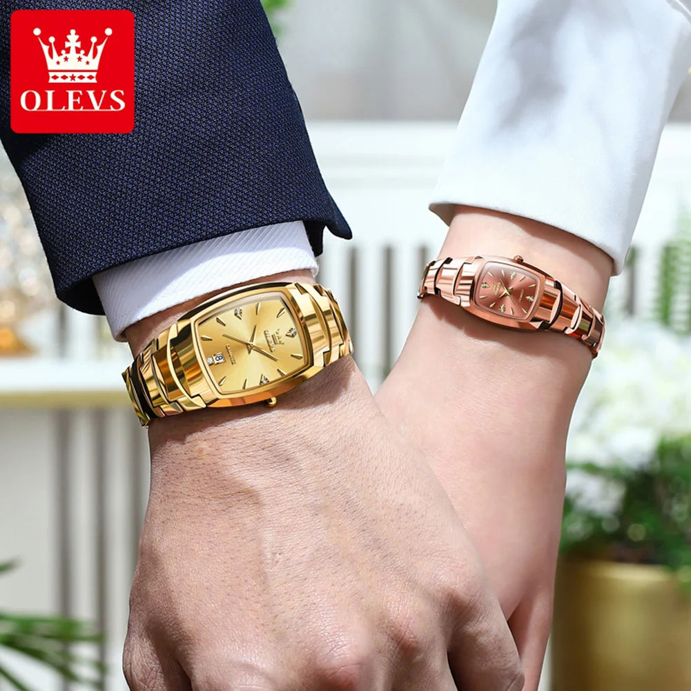 OLEVS 7006 Luxury Brand Couple Quartz Watch Elegant Diamond Date Clock Waterproof Tungsten Steel Band Classic Set Couple Watch
