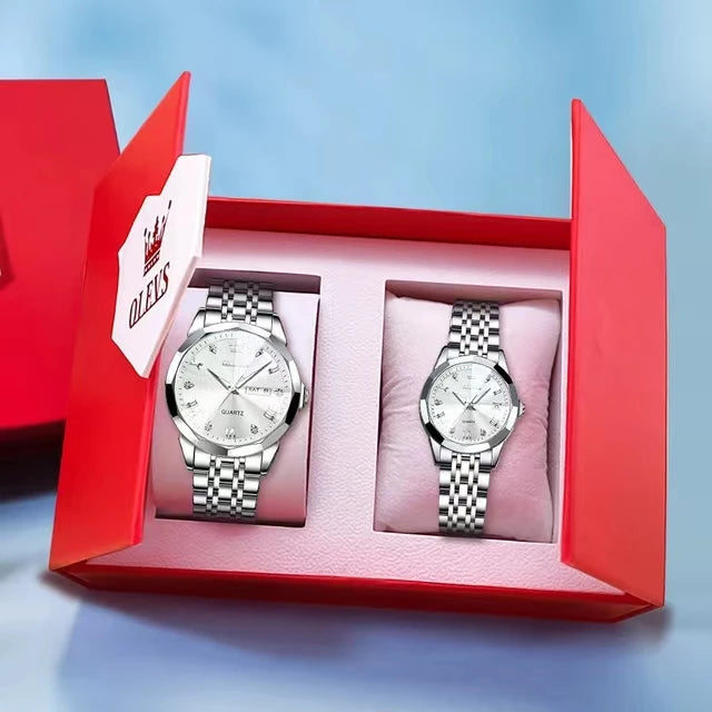 OLEVS 9931 Quartz for Couple Solid Stainless Steel Strap Rhombus Design Fashion Business Wristwatch Men's Watches Waterproof Set