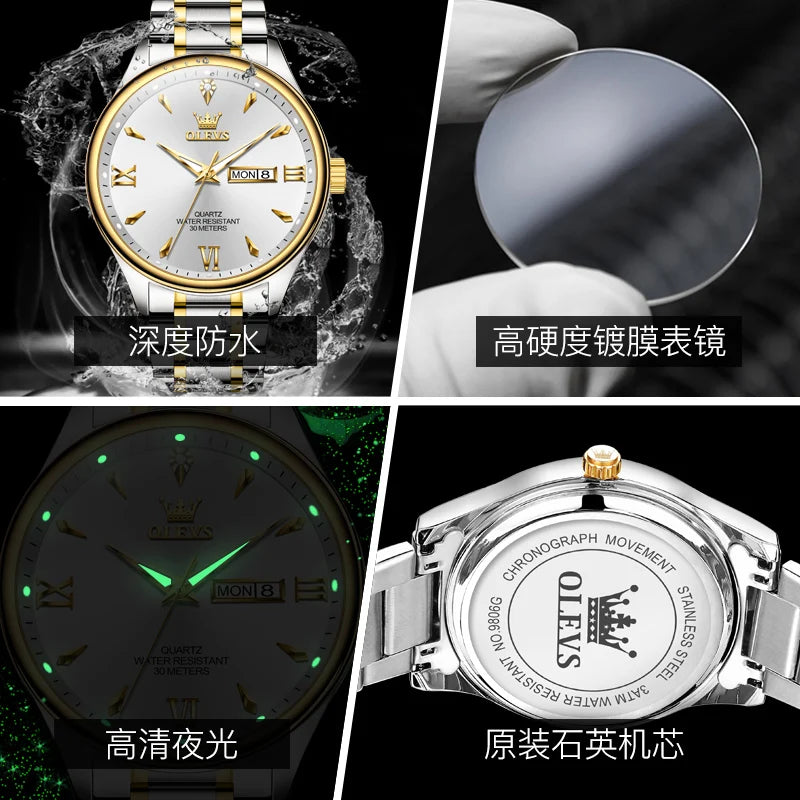 OLEVS Top Brand Couple watch Calendar Waterproof Luminous Quartz Watch for Men's and Lady's Original Fashion Lover's Watches