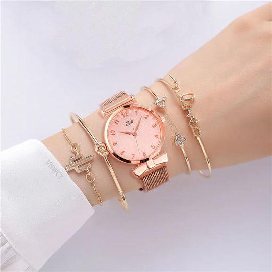 Luxury Women Watches 6pcs Set Elegant Female Wristwatches Magnetic Mesh Band Rose Woman Watch Bracelet Star Moon Reloj Mujer