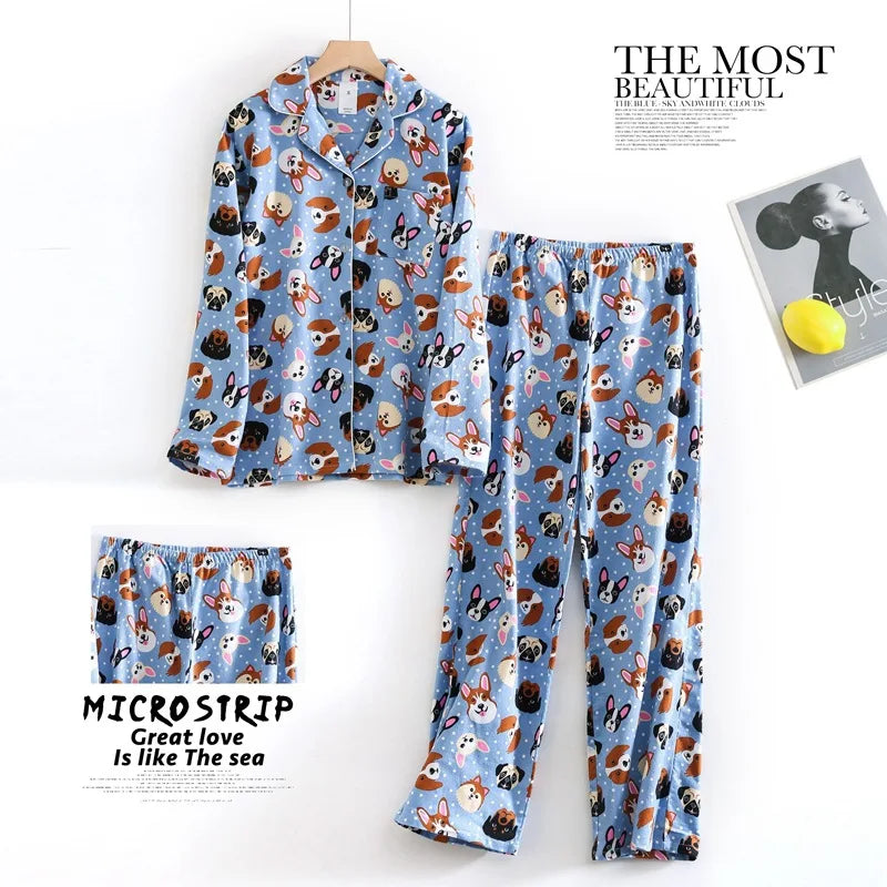 Women's Autumn and Winter Cartoon Printed Fashion Pattern Cotton Warm Brushed Homewear Pajamas Suit for Women Sleepwear
