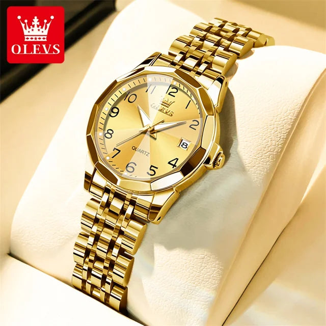 OLEVS 9970 Couple Watch Classic Digital Dial Stainless Steel Rhombus Mirror Luxury Top Quartz Watches for Men Women Lover's Gift