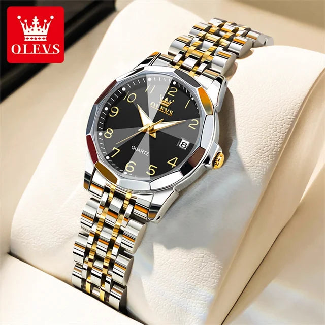 OLEVS 9970 Couple Watch Classic Digital Dial Stainless Steel Rhombus Mirror Luxury Top Quartz Watches for Men Women Lover's Gift