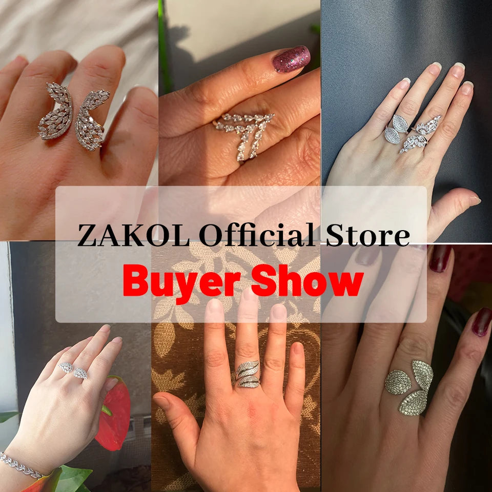 ZAKOL Fashion White Zirconia Leaf Open Rings for Girl Trendy Crystal Wing Finger Adjust Ring Party Women Jewelry