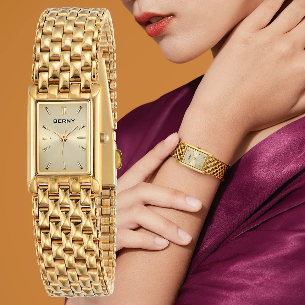 BERNY Gold Watch for Couple Luxury Women/Men Wristwatch Waterproof Golden Clock Quartz Stainless Steel Fashion Men Ladies Watch