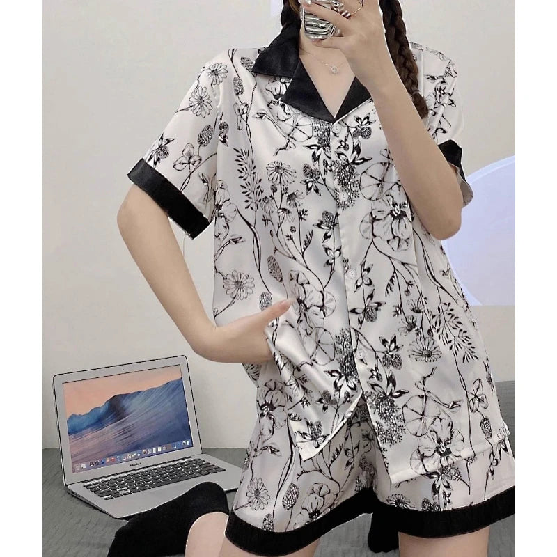 Lotus Leaf Flower Side Cartoon Print Pajamas for Women Purple Bear Graphic Female Short Lounges 2024 New Y2k Summer Housewear
