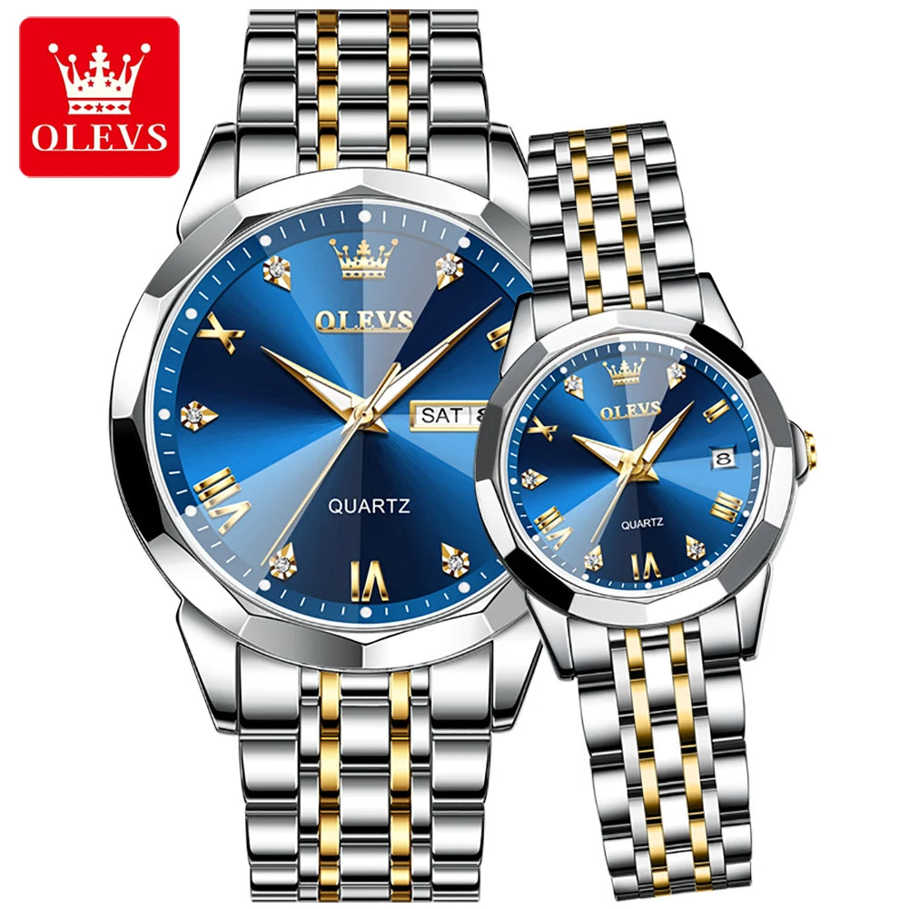 OLEVS 9931 Quartz for Couple Solid Stainless Steel Strap Rhombus Design Fashion Business Wristwatch Men's Watches Waterproof Set
