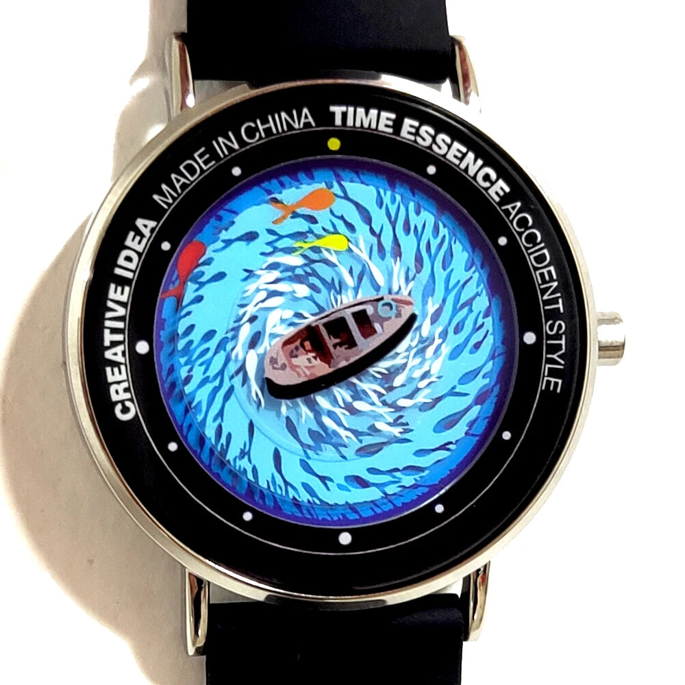 Creative Watches Quartz Original Watch with Ship Wave & Fishes Design Waterproof Wristwatch Comfortable Silicone Strap