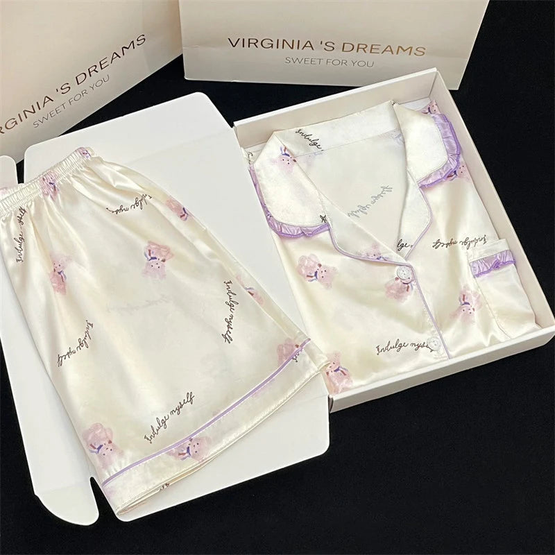 Lotus Leaf Flower Side Cartoon Print Pajamas for Women Purple Bear Graphic Female Short Lounges 2024 New Y2k Summer Housewear