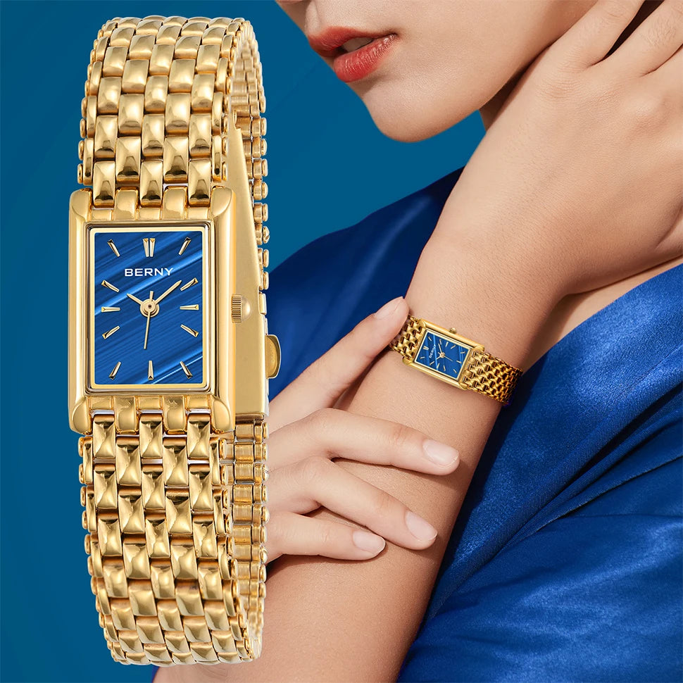 BERNY Gold Watch for Couple Luxury Women/Men Wristwatch Waterproof Golden Clock Quartz Stainless Steel Fashion Men Ladies Watch