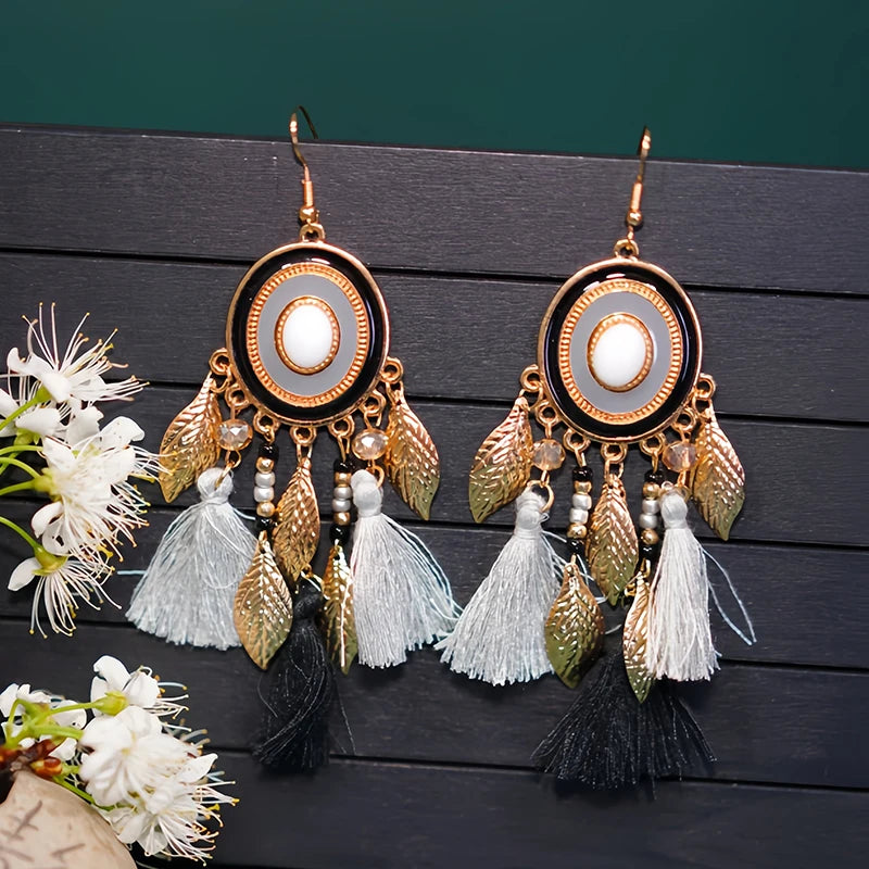 Fashion Boho Oval Drop Glaze Tassel Earrings for Women Ethnic Temperament Metal Leaf Bead Dangle Earring Vacation Party Jewelry