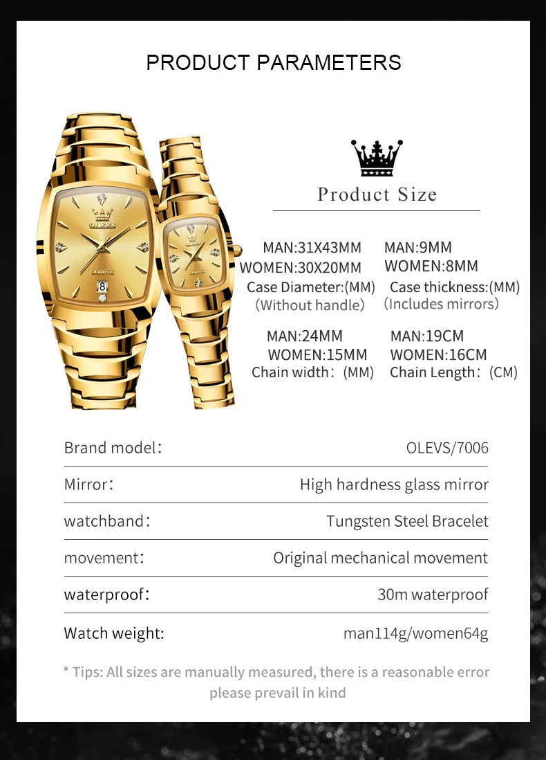 OLEVS 7006 Couple Watch for Men and Women Tungsten Steel Strap Waterproof Date Clock He and Her Watch Sets for Gifts Lover Watch