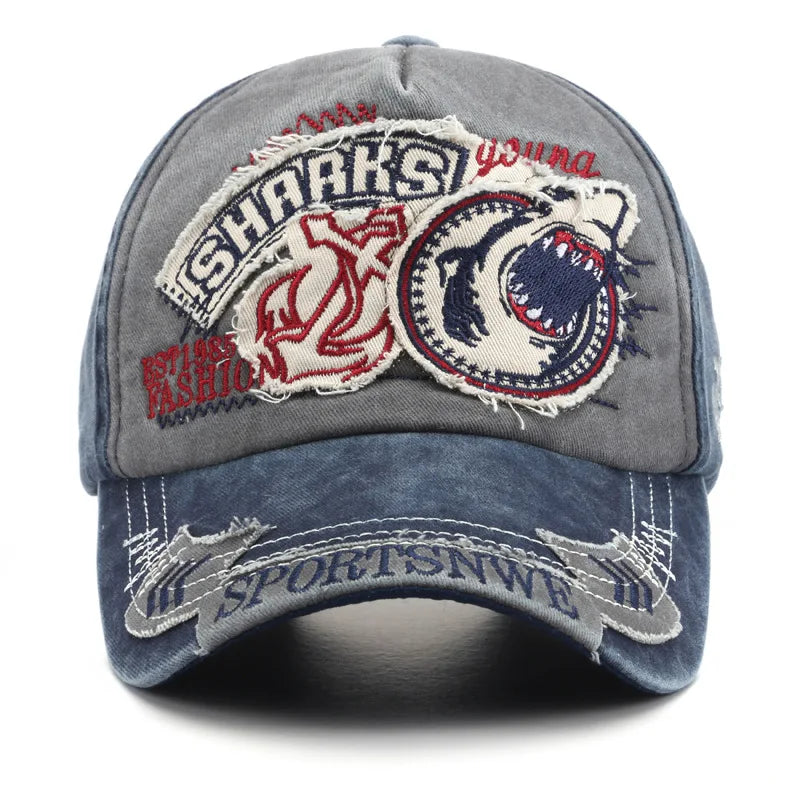 2022 Men's and Women's Outdoor Baseball Cap Shark Cowboy Hat Adjustable Peaked Cap Sun Hat Embroidered Washed Cotton Hat Couple
