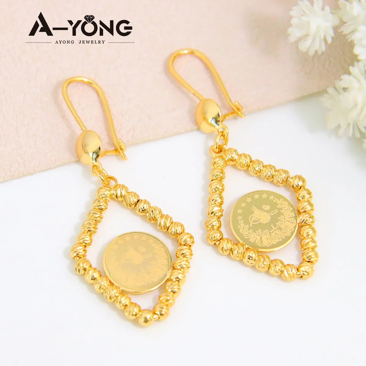 Arab Gold Color Drop Earrings 18K Copper Gold Plated Bead Turkish Fashion Dangle Earring Women Luxury Wedding Party Jewelry Gift