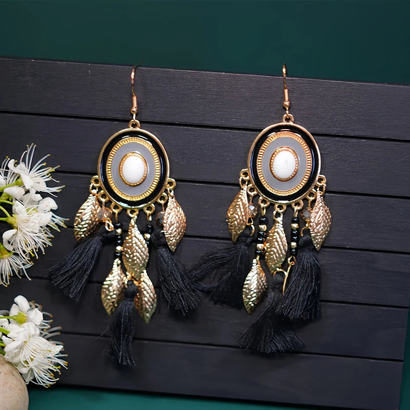Fashion Boho Oval Drop Glaze Tassel Earrings for Women Ethnic Temperament Metal Leaf Bead Dangle Earring Vacation Party Jewelry