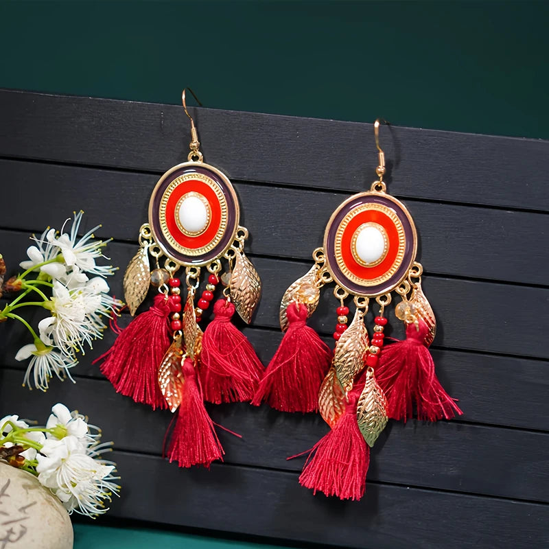 Fashion Boho Oval Drop Glaze Tassel Earrings for Women Ethnic Temperament Metal Leaf Bead Dangle Earring Vacation Party Jewelry