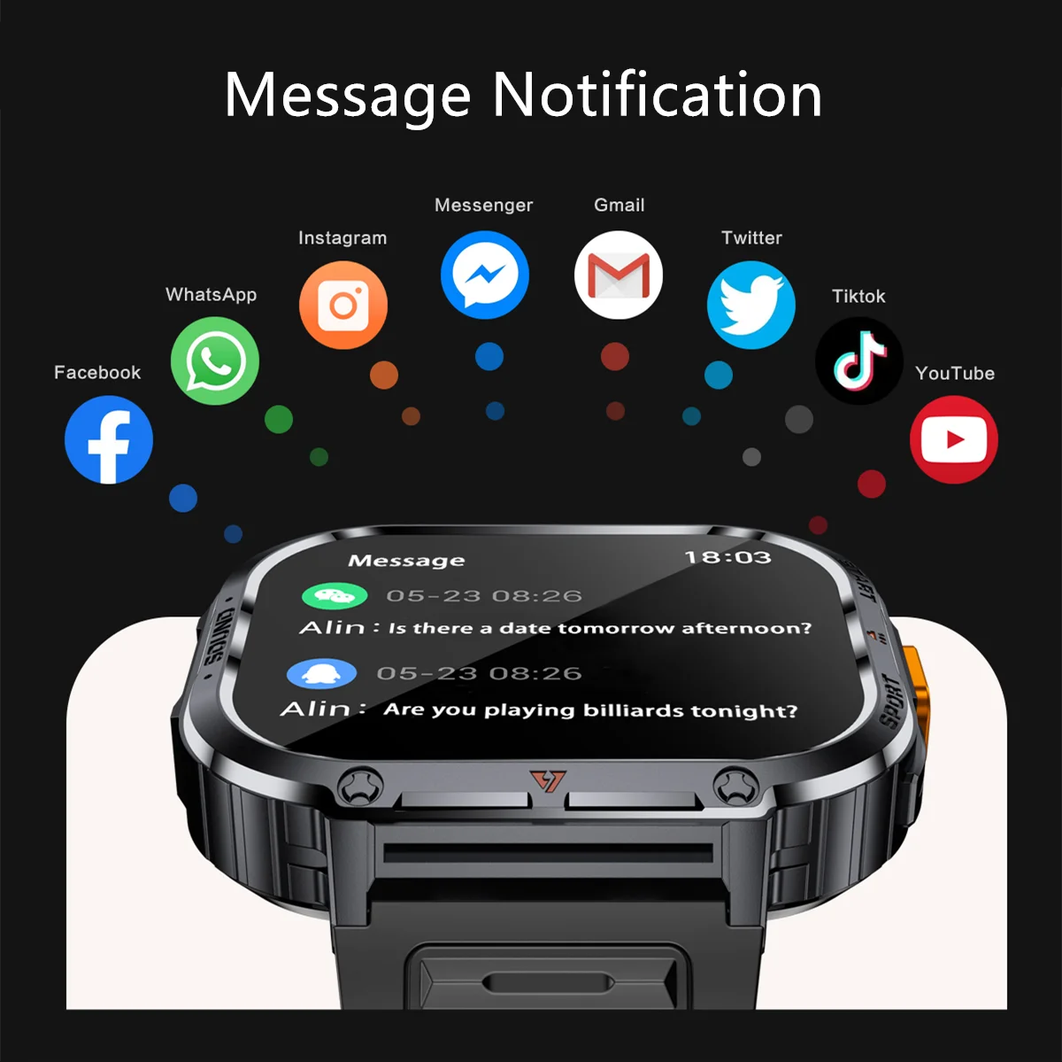 LOKMAT Sport Smart Watch IP68 Waterproof Big Screen Smartwatches with LED Flashlight Message Push BT Calls Watch for Smart Phone