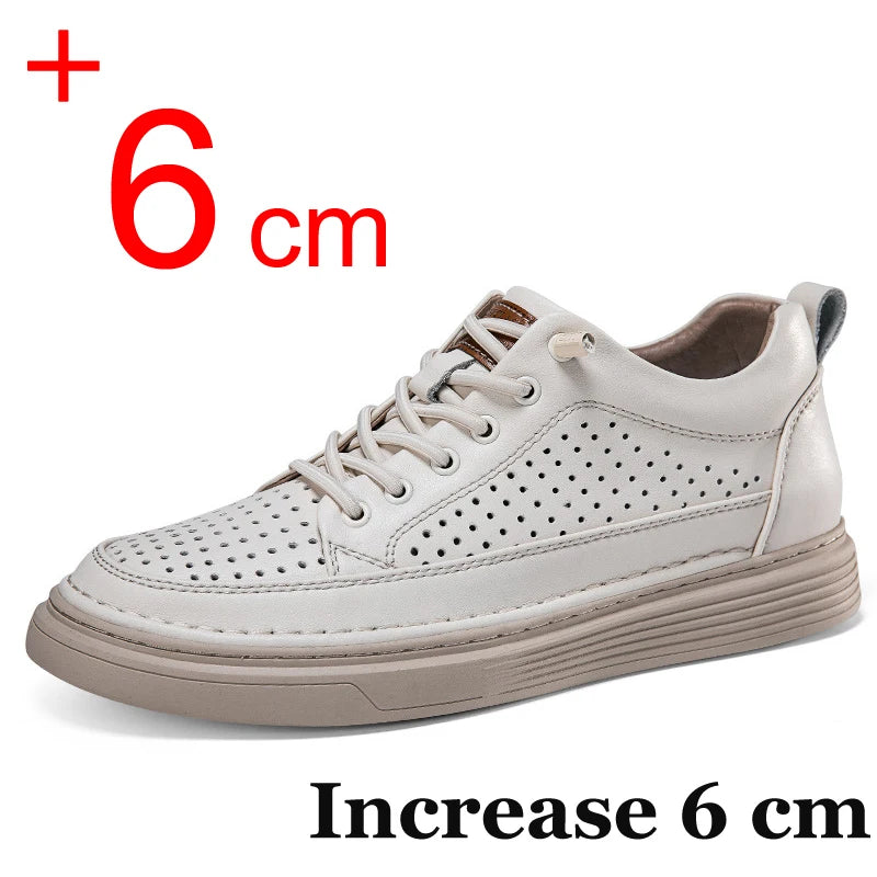 Plus Size 45 46 Men Elevator Shoes Summer Cow Leather Hollow Casual Sports Shoes Man 6cm Height Increasing Lift Sneakers Men