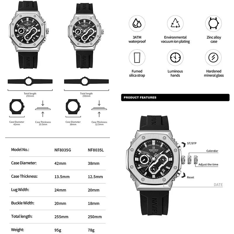 NAVIFORCE NF8035 Fashion Sport Lover's Watches for Men and Women Silicone Strap Military Waterproof High Quality Couple watches
